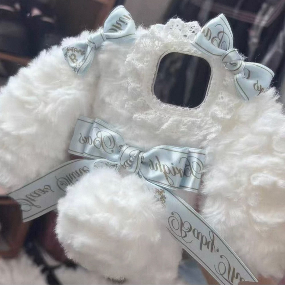 Elegant White Faux-Fur Kids Handbag with Pale Blue Ribbon